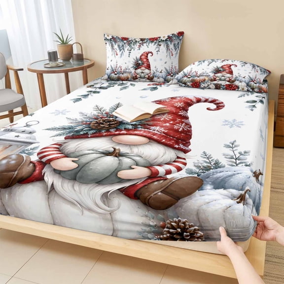 Twin Sze Fitted Sheet Set - Christmas Red Gnomes 2 Piece Bedding Sets 16" Deep Pocket Fitted Sheet with 1 Pillowcase, Winter Xmas Pumpkins Flowers Leaves Brushed Microfiber Hotel Luxury Bed Sheets