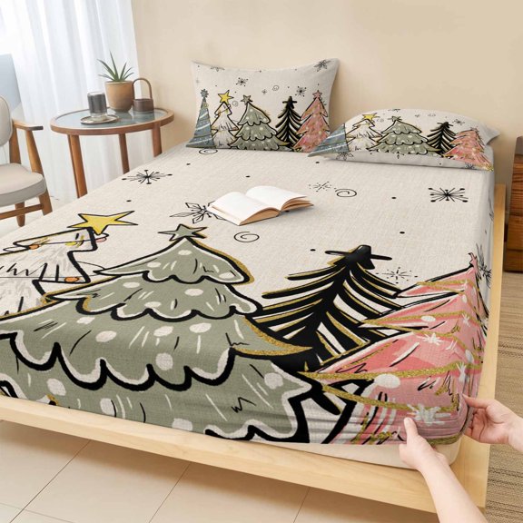 Twin Sze Fitted Sheet Set - Christmas Tree 2 Piece Bedding Sets 16" Deep Pocket Fitted Sheet with 1 Pillowcase, Rustic Pink Green Blue Xmas Tree Snowflake Brushed Microfiber Hotel Luxury Bed Sheets