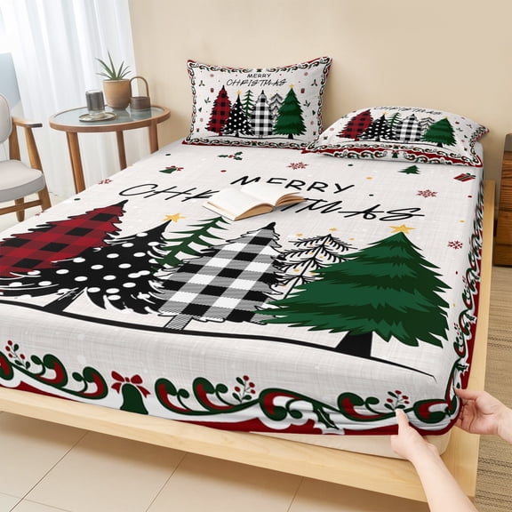 Twin Sze Fitted Sheet Set - Christmas Tree 2 Piece Bedding Sets 16" Deep Pocket Fitted Sheet with 1 Pillowcase, Winter Snowflake Xmas Tree Red Green Brushed Microfiber Hotel Luxury Bed Sheets