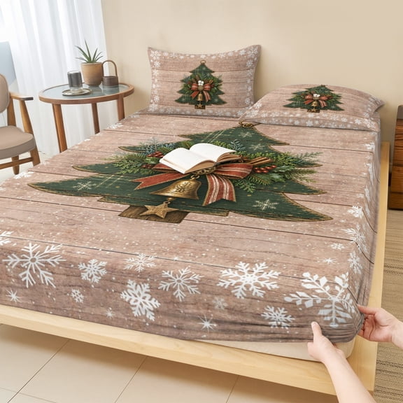 Twin Sze Fitted Sheet Set - Christmas Trees 2 Piece Bedding Sets 16" Deep Pocket Fitted Sheet with 1 Pillowcase, Xmas Snowflakes Pine Needles Cones Wood Plank Brushed Microfiber Hotel Bed Sheets
