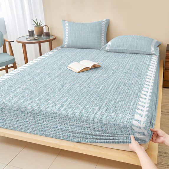 Twin Sze Fitted Sheet Set - Coastal Blue 2 Piece Bedding Sets 16" Deep Pocket Fitted Sheet with 1 Pillowcase, Modern Bohemia Simple Plants Lines Pattern Brushed Microfiber Hotel Luxury Bed Sheets