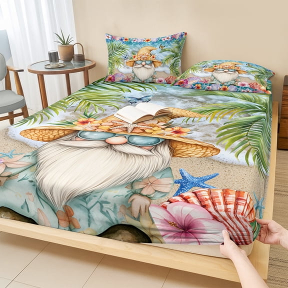 Twin Sze Fitted Sheet Set - Coastal Gnomes 2 Piece Bedding Sets 16" Deep Pocket Fitted Sheet with 1 Pillowcase, Tropical Palm Tree Beach Flowers Butterfly Brushed Microfiber Hotel Luxury Bed Sheets