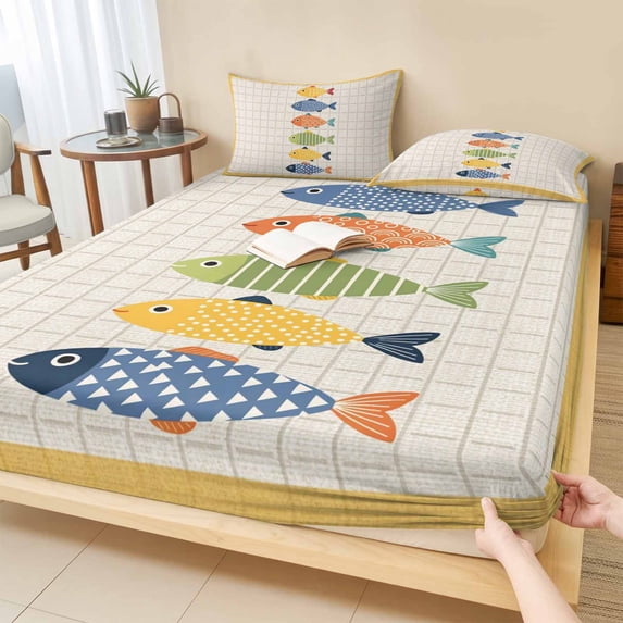 Twin Sze Fitted Sheet Set - Coastal Nautical 2 Piece Bedding Sets 16" Deep Pocket Fitted Sheet with 1 Pillowcase, Summer Cute Cartoon Fishes Plaid Yellow Brushed Microfiber Hotel Luxury Bed Sheets