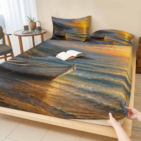 Twin Sze Fitted Sheet Set - Coastal Nautical 2 Piece Bedding Sets 16" Deep Pocket Fitted Sheet with 1 Pillowcase, Summer Ocean Beach Sail Waves Brushed Microfiber Hotel Luxury Bed Sheets