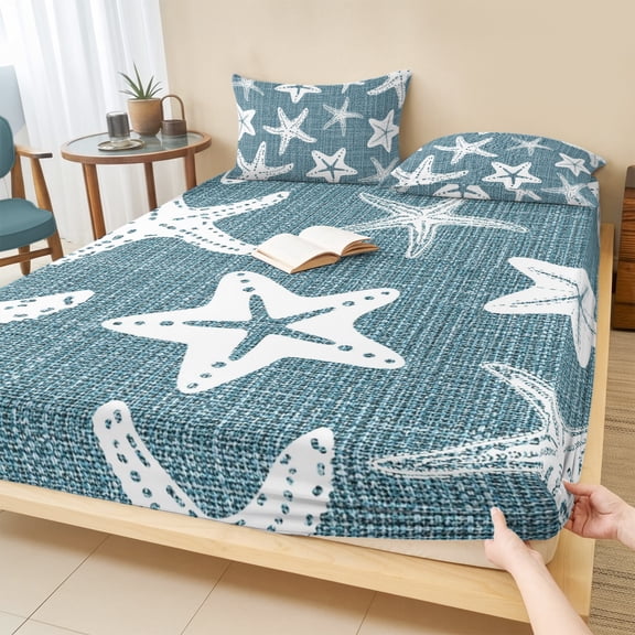 Twin Sze Fitted Sheet Set - Coastal Starfish 2 Piece Bedding Sets 16" Deep Pocket Fitted Sheet with 1 Pillowcase, Denim Blue Nautical Vintage Marine Life Brushed Microfiber Hotel Luxury Bed Sheets