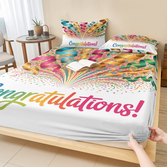 Twin Sze Fitted Sheet Set - Colorful Congratulations 2 Piece Bedding Sets 16" Deep Pocket Fitted Sheet with 1 Pillowcase, Funny Words Graduation Season Brushed Microfiber Hotel Luxury Bed Sheets