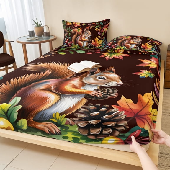 Twin Sze Fitted Sheet Set - Colorful Squirrel 2 Piece Bedding Sets 16" Deep Pocket Fitted Sheet with 1 Pillowcase, Brown Botanical Berry Pine Cones Brushed Microfiber Hotel Luxury Bed Sheets