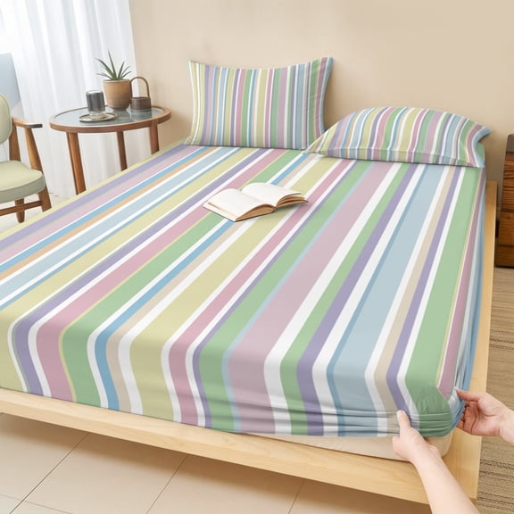 Twin Sze Fitted Sheet Set - Colorful Striped 2 Piece Bedding Sets 16" Deep Pocket Fitted Sheet with 1 Pillowcase, Farmhouse Rainbow Color Stripes Brushed Microfiber Hotel Luxury Bed Sheets