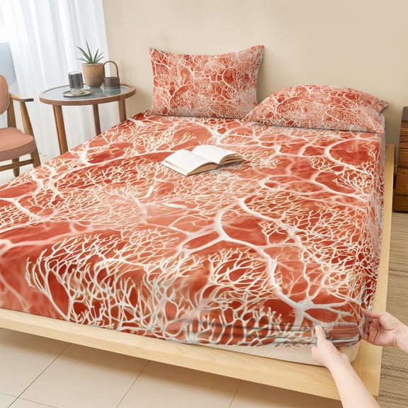 Twin Sze Fitted Sheet Set - Coral Branches 2 Piece Bedding Sets 16" Deep Pocket Fitted Sheet with 1 Pillowcase, Terracotta Orange Boho Modern Abstract Art Brushed Microfiber Hotel Luxury Bed Sheets