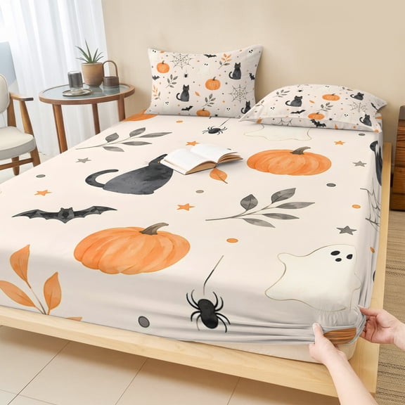 Twin Sze Fitted Sheet Set - Cream Halloween 2 Piece Bedding Sets 16" Deep Pocket Fitted Sheet with 1 Pillowcase, Funny Ghost Black CAt Pumpkins Spi-der Brushed Microfiber Hotel Luxury Bed Sheets