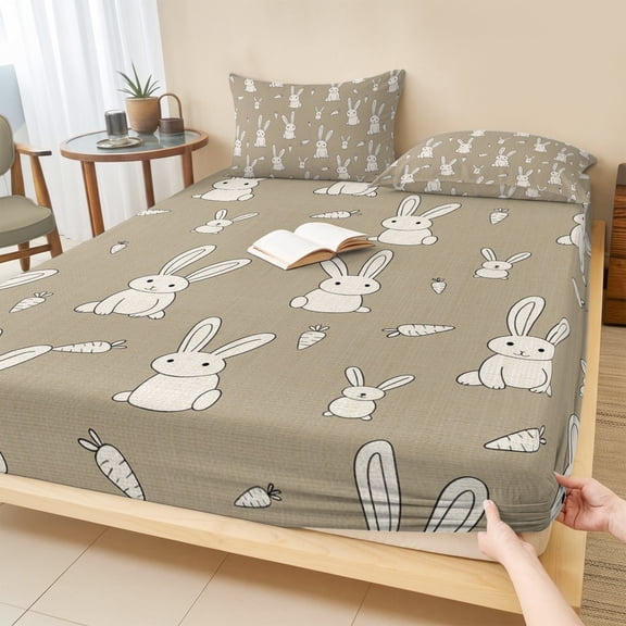 Twin Sze Fitted Sheet Set - Cute Rabbit 2 Piece Bedding Sets 16" Deep Pocket Fitted Sheet with 1 Pillowcase, Cartoon Carrots Harmony Brown Brushed Microfiber Hotel Luxury Bed Sheets
