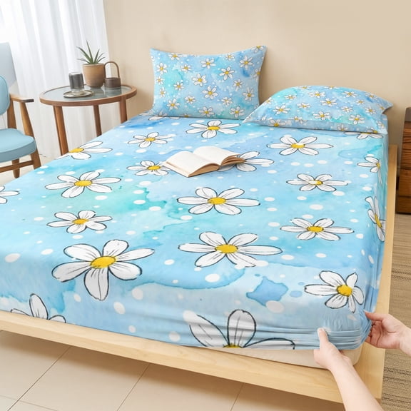 Twin Sze Fitted Sheet Set - Daisies 2 Piece Bedding Sets 16" Deep Pocket Fitted Sheet with 1 Pillowcase, White Petals Blue Polka Dots Summer Farmhouse Brushed Microfiber Hotel Luxury Bed Sheets