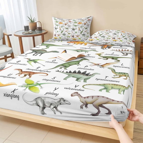 Twin Sze Fitted Sheet Set - Dinosaur 2 Piece Bedding Sets 16" Deep Pocket Fitted Sheet with 1 Pillowcase, Funny Dino Cute Cartoon Boys Girls Children Brushed Microfiber Hotel Luxury Bed Sheets
