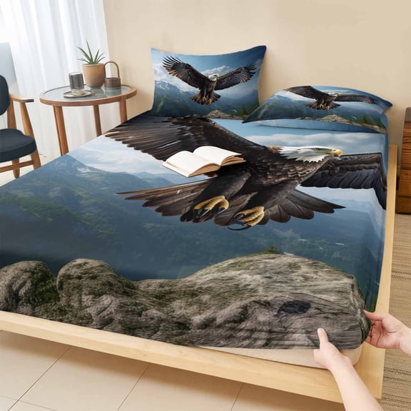 Twin Sze Fitted Sheet Set - Eagle 2 Piece Bedding Sets 16" Deep Pocket Fitted Sheet with 1 Pillowcase, Forest Mountains Range Sky Animal Natural Landscape Brushed Microfiber Hotel Luxury Bed Sheets