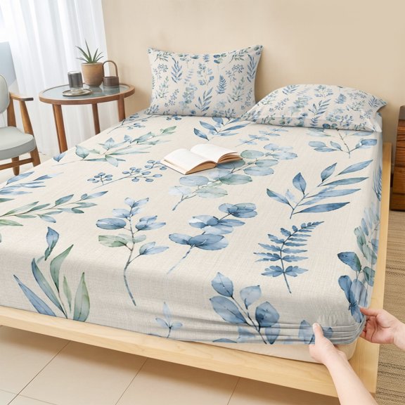 Twin Sze Fitted Sheet Set - Eucalyptus Leaves 2 Piece Bedding Sets 16" Deep Pocket Fitted Sheet with 1 Pillowcase, Spring Watercolor Botanical Beige Brushed Microfiber Hotel Luxury Bed Sheets