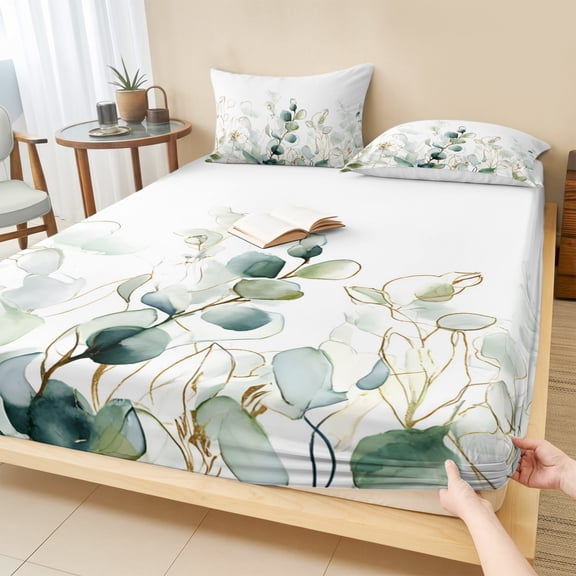 Twin Sze Fitted Sheet Set - Eucalyptus Leaves 2 Piece Bedding Sets 16" Deep Pocket Fitted Sheet with 1 Pillowcase, Watercolor Sage Green Gold Branches Brushed Microfiber Hotel Luxury Bed Sheets