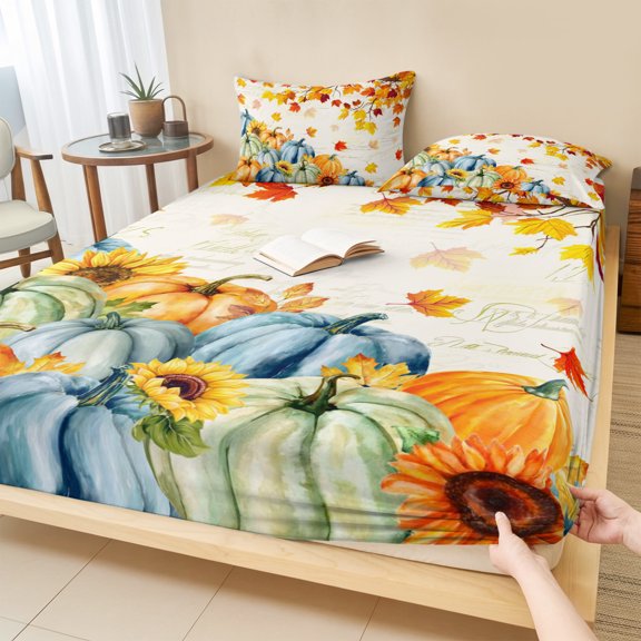 Twin Sze Fitted Sheet Set - Fall Blue Pumpkins 2 Piece Bedding Sets 16" Deep Pocket Fitted Sheet with 1 Pillowcase, Thanksgiving Maple Tree Branch Leaves Brushed Microfiber Hotel Luxury Bed Sheets