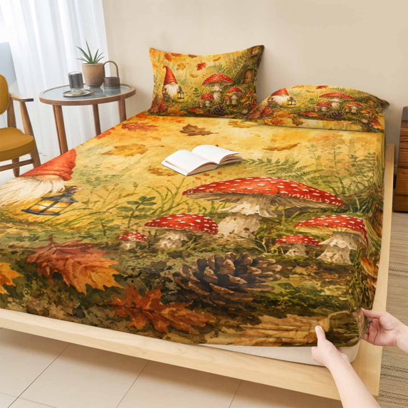Twin Sze Fitted Sheet Set - Fall Forest 2 Piece Bedding Sets 16" Deep Pocket Fitted Sheet with 1 Pillowcase, Thanksgiving Gnomes Mushroom Maple Leaves Trees Brushed Microfiber Hotel Luxury Bed Sheets