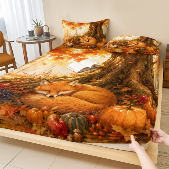 Twin Sze Fitted Sheet Set - Fall Fox 2 Piece Bedding Sets 16" Deep Pocket Fitted Sheet with 1 Pillowcase, Retro Country Wildlife Maple Leaves Pumpkins Brushed Microfiber Hotel Luxury Bed Sheets