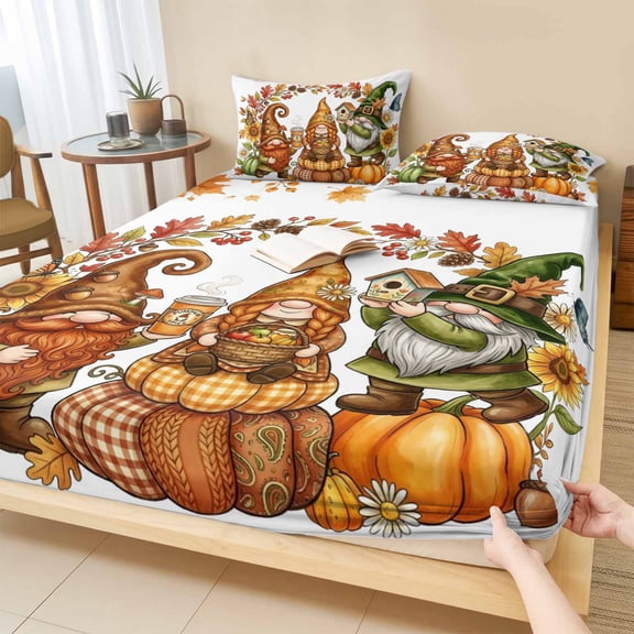Twin Sze Fitted Sheet Set - Fall Gnomes 2 Piece Bedding Sets 16" Deep Pocket Fitted Sheet with 1 Pillowcase, Thanksgiving Maple Branch Berries Florals Farm Brushed Microfiber Hotel Luxury Bed Sheets