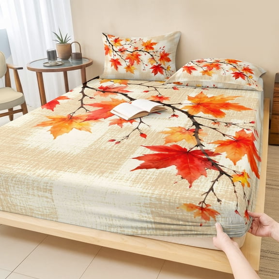 Twin Sze Fitted Sheet Set - Fall Maple Leaves 2 Piece Bedding Sets 16" Deep Pocket Fitted Sheet with 1 Pillowcase, Vintage Rustic Botanical Farmhouse Beige Brushed Microfiber Hotel Luxury Bed Sheets