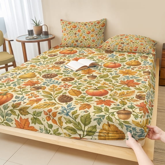 Twin Sze Fitted Sheet Set - Fall Pumpkins 2 Piece Bedding Sets 16" Deep Pocket Fitted Sheet with 1 Pillowcase, Thanksgiving Autumn Maple Leaves Pine Fruits Brushed Microfiber Hotel Luxury Bed Sheets