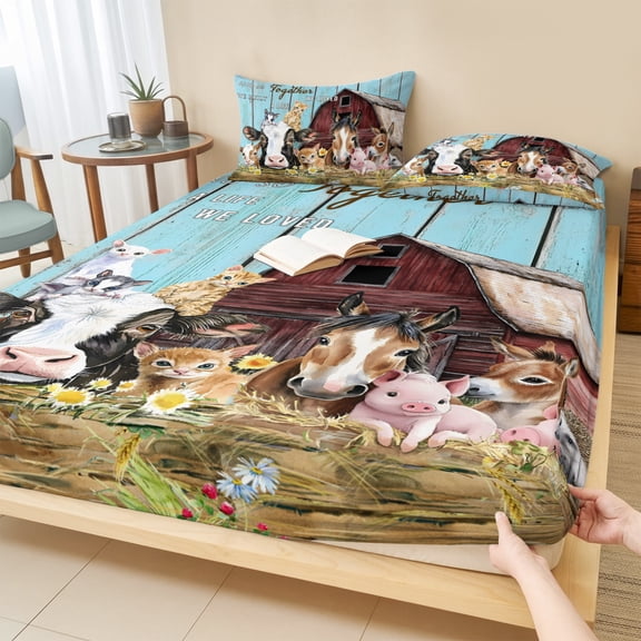 Twin Sze Fitted Sheet Set - Farmhouse Animals 2 Piece Bedding Sets 16" Deep Pocket Fitted Sheet with 1 Pillowcase, Pig Cow Retro Farm Blue Wood Grain Brushed Microfiber Hotel Luxury Bed Sheets