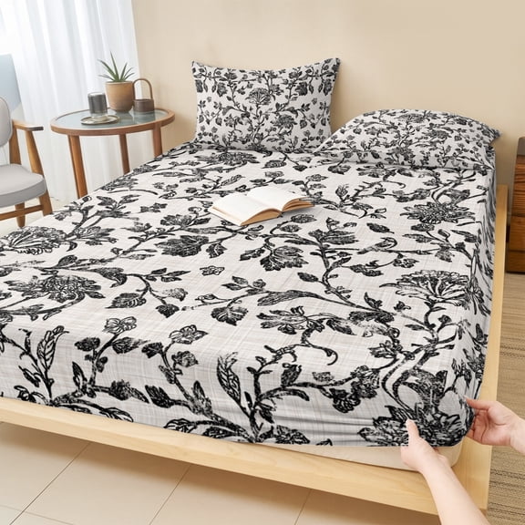 Twin Sze Fitted Sheet Set - Farmhouse Black 2 Piece Bedding Sets 16" Deep Pocket Fitted Sheet with 1 Pillowcase, Vintage Flower Leaf Botanical Plant Brushed Microfiber Hotel Luxury Bed Sheets