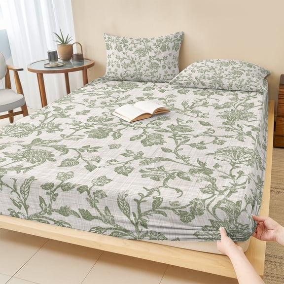 Twin Sze Fitted Sheet Set - Farmhouse Sage Green 2 Piece Bedding Sets 16" Deep Pocket Fitted Sheet with 1 Pillowcase, Vintage Flower Leaf Botanical Brushed Microfiber Hotel Luxury Bed Sheets