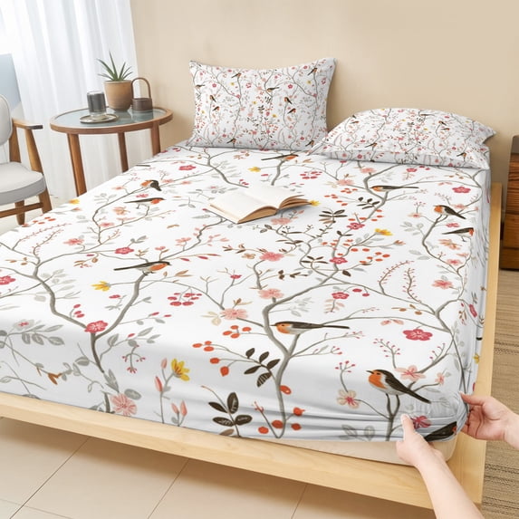 Twin Sze Fitted Sheet Set - Flowers Birds 2 Piece Bedding Sets 16" Deep Pocket Fitted Sheet with 1 Pillowcase, Farmhouse Botanical Floral Branches Plants Brushed Microfiber Hotel Luxury Bed Sheets
