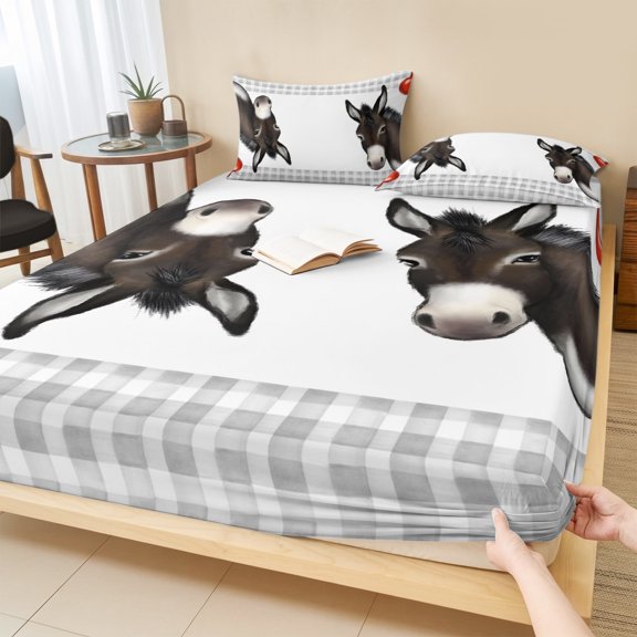 Twin Sze Fitted Sheet Set - Funny Donkey 2 Piece Bedding Sets 16" Deep Pocket Fitted Sheet with 1 Pillowcase, Farmhouse Animal Red Heart Gray Plaid Brushed Microfiber Hotel Luxury Bed Sheets