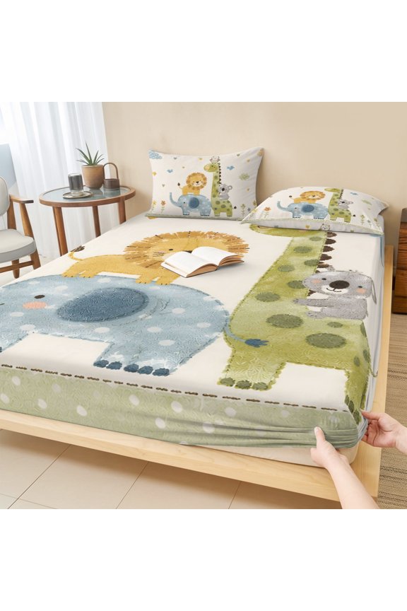 Twin Sze Fitted Sheet Set - Giraffe Lion Elephant 2 Piece Bedding Sets 16" Deep Pocket Fitted Sheet with 1 Pillowcase, Cartoon Owl Raccoon Cute Animals Brushed Microfiber Hotel Luxury Bed Sheets