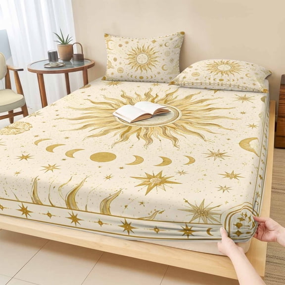 Twin Sze Fitted Sheet Set - Golden Sun 2 Piece Bedding Sets 16" Deep Pocket Fitted Sheet with 1 Pillowcase, Abstract Mystical Universe Planet Moon Brushed Microfiber Hotel Luxury Bed Sheets