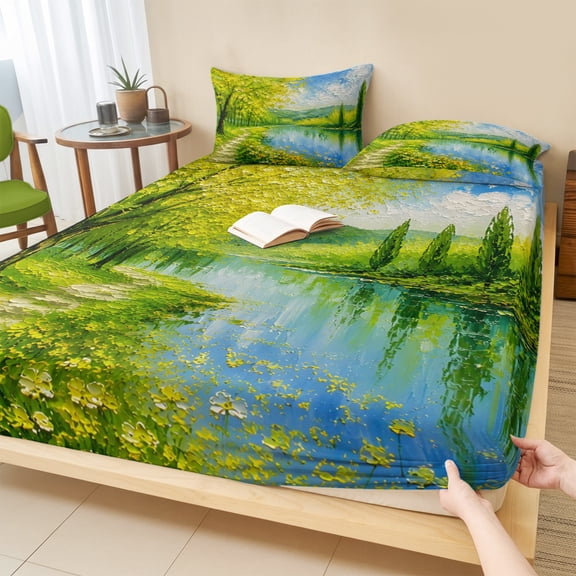 Twin Sze Fitted Sheet Set - Grassy Path 2 Piece Bedding Sets 16" Deep Pocket Fitted Sheet with 1 Pillowcase, Rustic River Wildflowers Trees Retro Oil Painting Brushed Microfiber Hotel Bed Sheets
