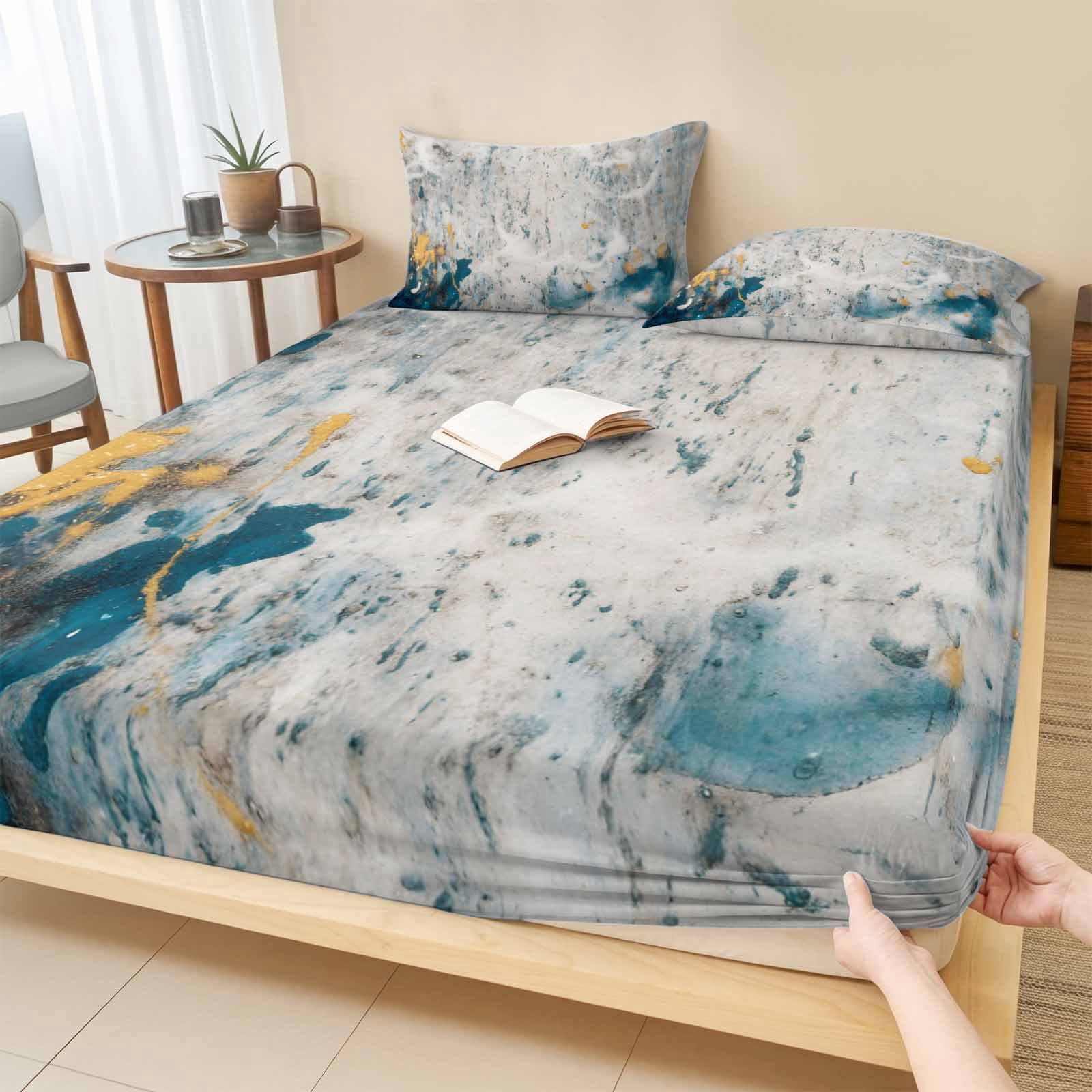 Twin Sze Fitted Sheet Set - Gray Teal 2 Piece Bedding Sets 16" Deep Pocket Fitted Sheet with 1 Pillowcase, Modern Abstract Art Retro Flow Marble Brushed Microfiber Hotel Luxury Bed Sheets
