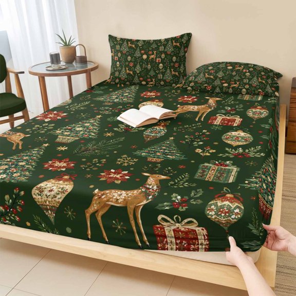 Twin Sze Fitted Sheet Set - Green Christmas 2 Piece Bedding Sets 16" Deep Pocket Fitted Sheet with 1 Pillowcase, Country Winter Pine Trees Elk Poinsettia Brushed Microfiber Hotel Luxury Bed Sheets