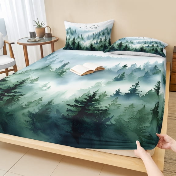 Twin Sze Fitted Sheet Set - Green Ombre Mountain 2 Piece Bedding Sets 16" Deep Pocket Fitted Sheet with 1 Pillowcase, Watercolor Forest Brushed Microfiber Hotel Luxury Bed Sheets