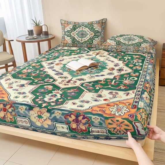 Twin Sze Fitted Sheet Set - Green Orange Beige Boho 2 Piece Bedding Sets 16" Deep Pocket Fitted Sheet with 1 Pillowcase, Retro Ethnic Tribal Abstract Art Brushed Microfiber Hotel Luxury Bed Sheets