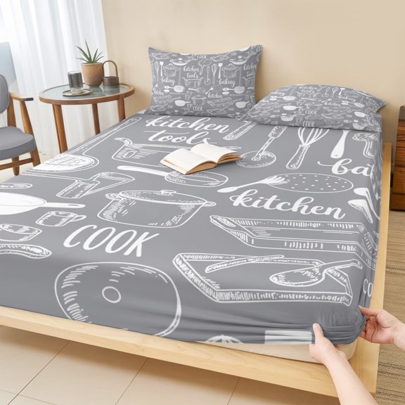 Twin Sze Fitted Sheet Set - Grey Kitchenware 2 Piece Bedding Sets 16" Deep Pocket Fitted Sheet with 1 Pillowcase, Modern Funny Cook Tools Spoons Forks Brushed Microfiber Hotel Luxury Bed Sheets