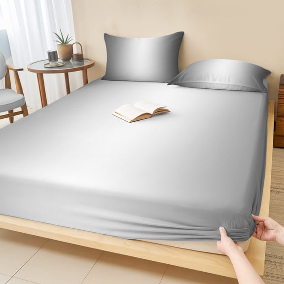 Twin Sze Fitted Sheet Set - Grey Ombre 2 Piece Bedding Sets 16" Deep Pocket Fitted Sheet with 1 Pillowcase, Gray White Gradient Modern Abstract Art Brushed Microfiber Hotel Luxury Bed Sheets