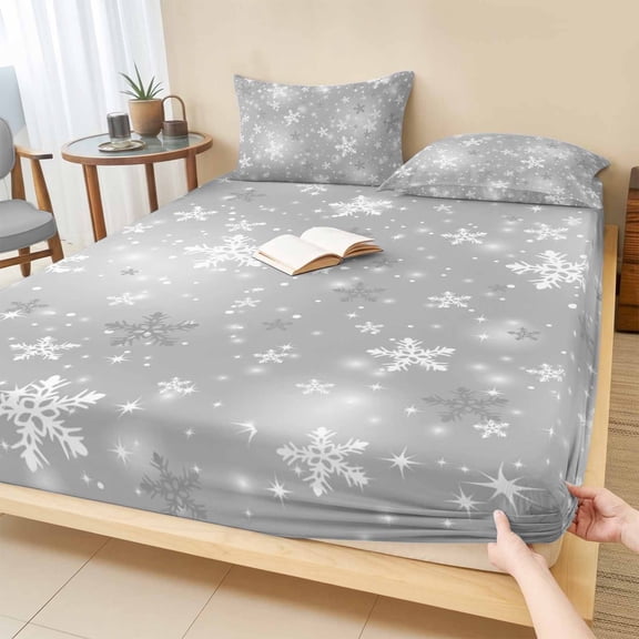 Twin Sze Fitted Sheet Set - Grey Snowflake Christmas 2 Piece Bedding Sets 16" Deep Pocket Fitted Sheet with 1 Pillowcase, Winter Xmas Snowflake Gray Modern Art Brushed Microfiber Hotel Bed Sheets
