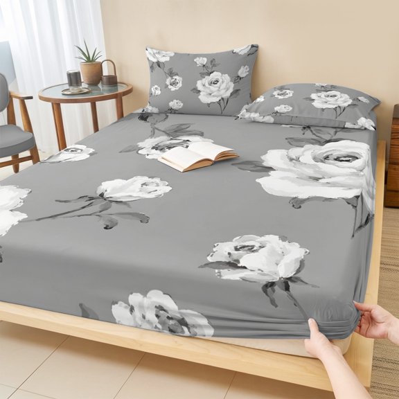 Twin Sze Fitted Sheet Set - Grey Spring Floral 2 Piece Bedding Sets 16" Deep Pocket Fitted Sheet with 1 Pillowcase, Vintage Rose Shabby Chic Brushed Microfiber Hotel Luxury Bed Sheets