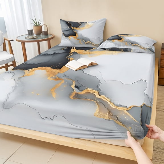Twin Sze Fitted Sheet Set - Grey White Marble 2 Piece Bedding Sets 16" Deep Pocket Fitted Sheet with 1 Pillowcase, Ink Painting Modern Abstract Brushed Microfiber Hotel Luxury Bed Sheets
