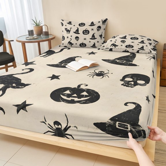 Twin Sze Fitted Sheet Set - Halloween 2 Piece Bedding Sets 16" Deep Pocket Fitted Sheet with 1 Pillowcase, Black Skull Cat Hat Stars Classic Spooky Brushed Microfiber Hotel Luxury Bed Sheets