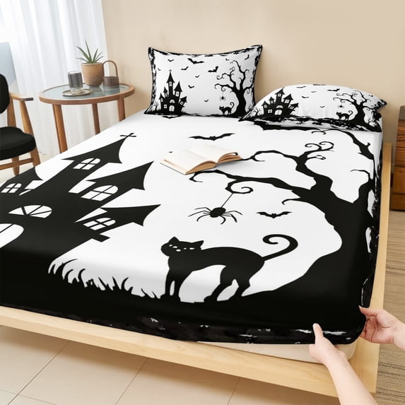Twin Sze Fitted Sheet Set - Halloween 2 Piece Bedding Sets 16" Deep Pocket Fitted Sheet with 1 Pillowcase, Black Spooky Castle Bats Tree Silhouette Brushed Microfiber Hotel Luxury Bed Sheets