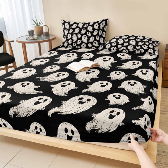 Twin Sze Fitted Sheet Set - Halloween 2 Piece Bedding Sets 16" Deep Pocket Fitted Sheet with 1 Pillowcase, Black Spooky Ghostly Silhouettes Vintage Brushed Microfiber Hotel Luxury Bed Sheets