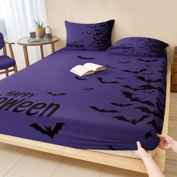 Twin Sze Fitted Sheet Set - Halloween 2 Piece Bedding Sets 16" Deep Pocket Fitted Sheet with 1 Pillowcase, Fall Horror Spooky Bats Gradient Black Purple Brushed Microfiber Hotel Luxury Bed Sheets