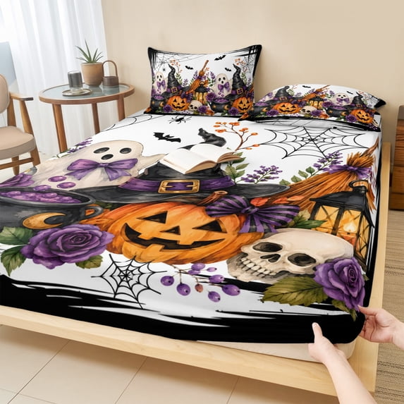 Twin Sze Fitted Sheet Set - Halloween 2 Piece Bedding Sets 16" Deep Pocket Fitted Sheet with 1 Pillowcase, Fall Pumpkins Ghost Bats Witch Hat Plants Rustic Brushed Microfiber Hotel Luxury Bed Sheets