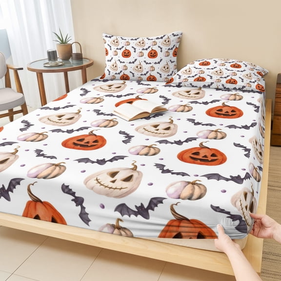 Twin Sze Fitted Sheet Set - Halloween 2 Piece Bedding Sets 16" Deep Pocket Fitted Sheet with 1 Pillowcase, Fall Pumpkins Halloween Funny Bat White Brushed Microfiber Hotel Luxury Bed Sheets