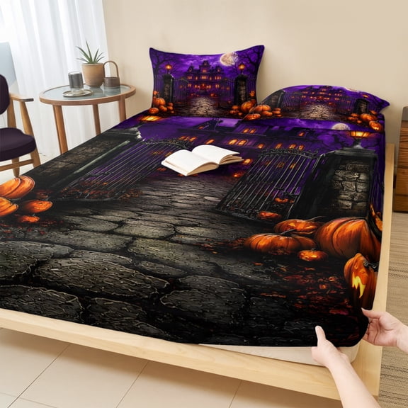 Twin Sze Fitted Sheet Set - Halloween 2 Piece Bedding Sets 16" Deep Pocket Fitted Sheet with 1 Pillowcase, Spooky Pumpkins Ghost Castle Vintage Moonlight Brushed Microfiber Hotel Luxury Bed Sheets